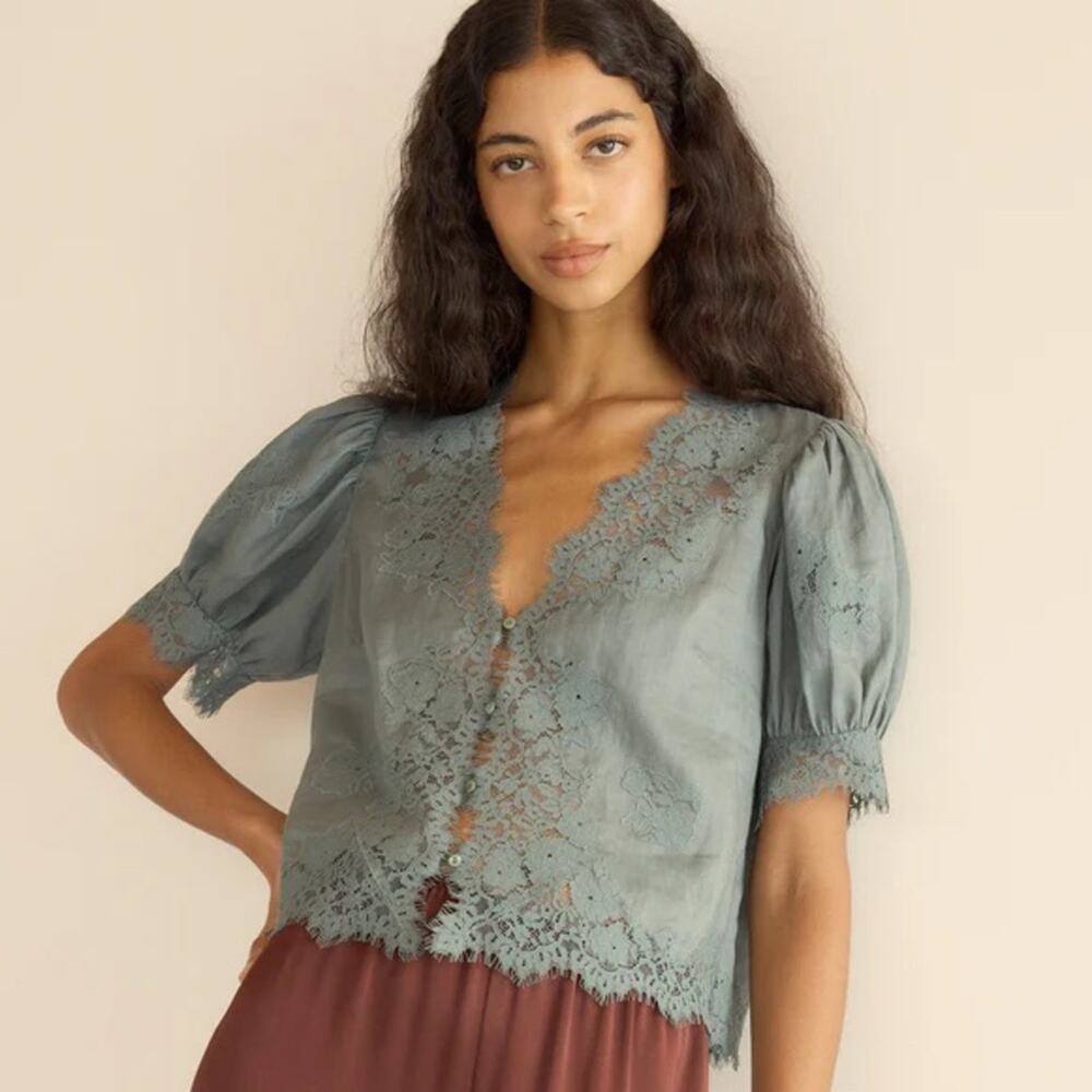 NWT Doen Idella Ramie Lace V Neck Button Short Sleeve Blouse Top Lagoon Blue